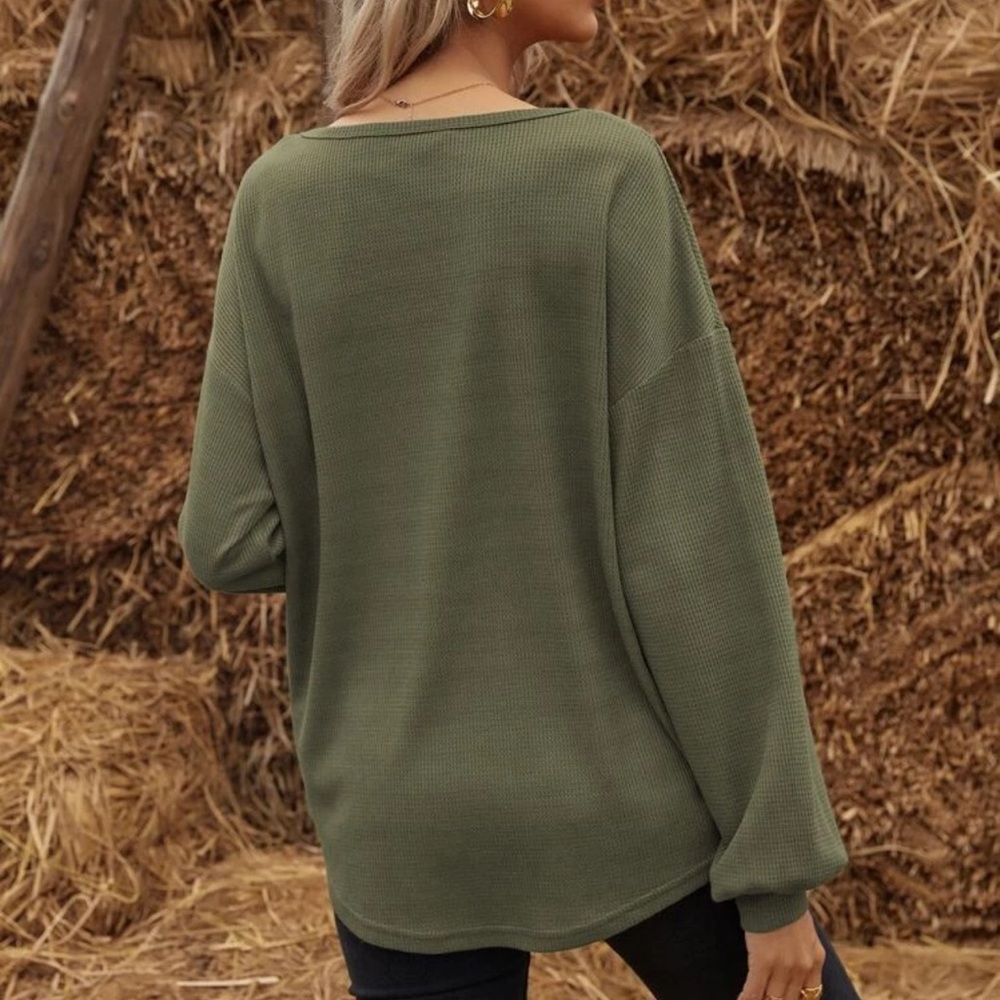 Waffle knit half placket button down henley long sleeve tee shirt boho oversized - Picture 5 of 14